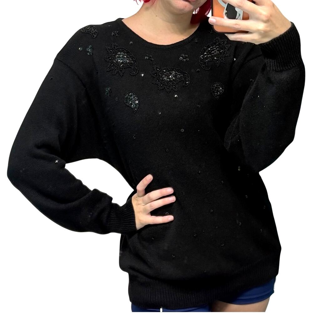 Dana Scott Vintage Black Beaded Sequin Paisley Sweater Size L